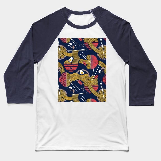 Noodles connection // pattern // midnight blue background teal and red bowls yellow pasta Baseball T-Shirt by SelmaCardoso